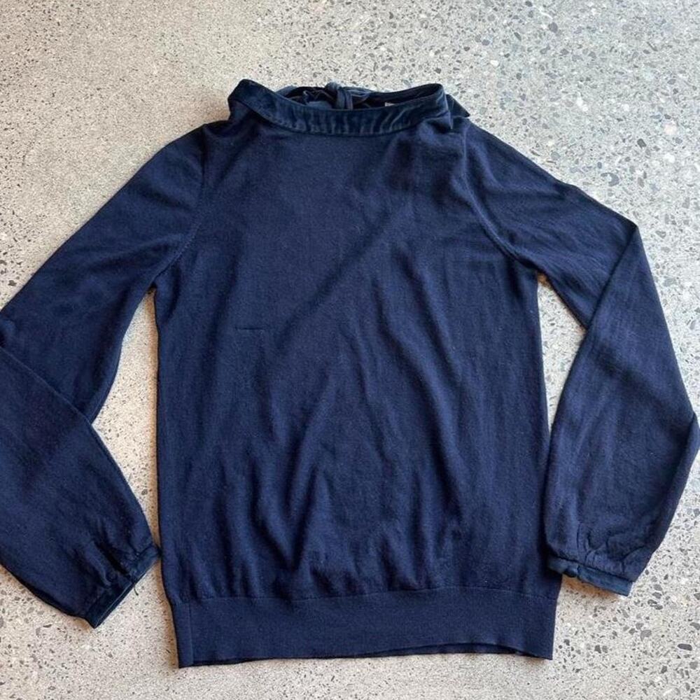 Boden women’s 8 sweater navy wool blue tie velvet neck in the back sweater